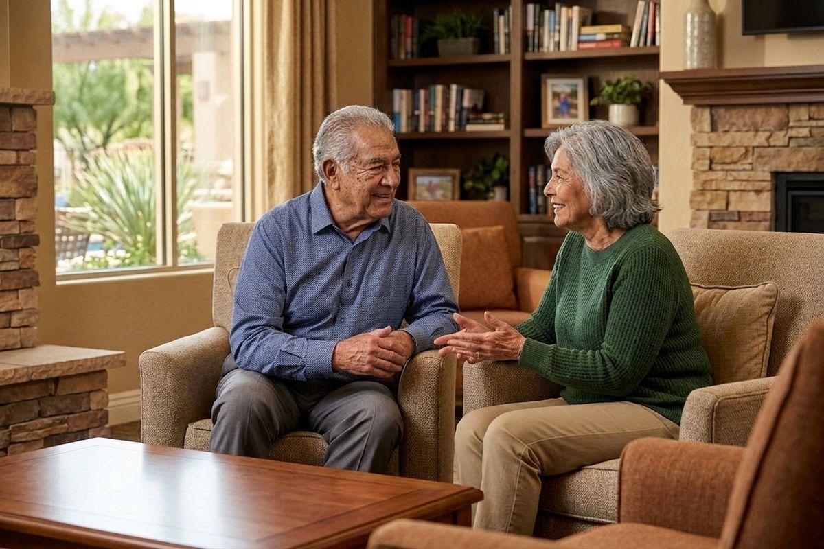 Smiling older adult enjoying time with friends in a bright, welcoming senior living community in Scottsdale